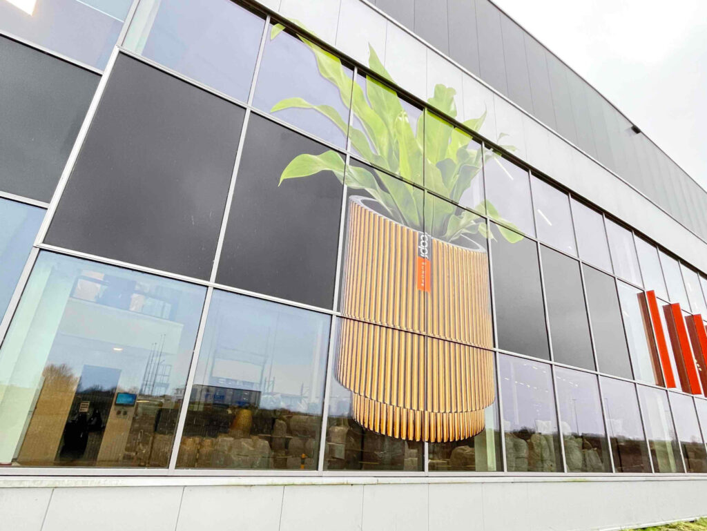 Gevelglas met een grote plant in houten pot als print